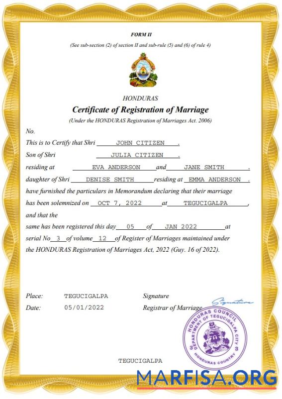 Printable Honduras marriage certificate Word and PDF template